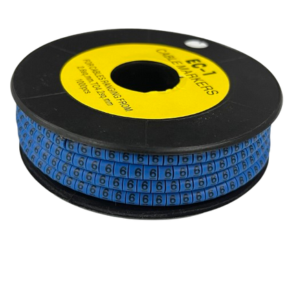 Spool of Cable Marker Blue 6 numeric label beads on a reel for cable organization and identification