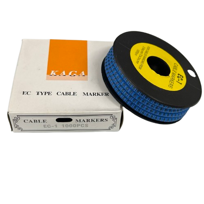 Spool of Cable Marker Blue 6 labels on reel next to KAGA EC type cable marker box 1000pcs for cable management