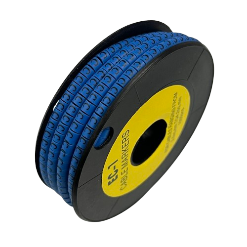 Spool of blue plastic letter C cable markers on black reel for wire labeling Cable Marker - C Blue