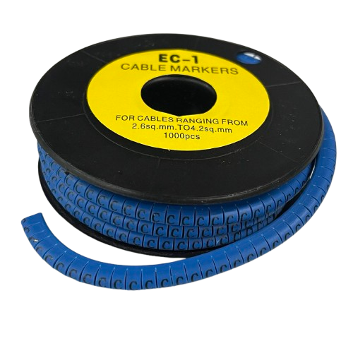 Reel of 1000 Cable Marker - C Blue plastic letter markers on spool for cable management and identification