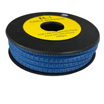 Spool of blue adhesive cable letter tags for wire labeling Cable Marker - C Blue on a black plastic reel