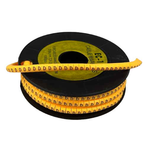 Reel of yellow adhesive cable markers with repeated D labels for wire identification Cable Marker D -  Yellow