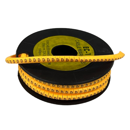 Reel of yellow adhesive cable markers with repeated D labels for wire identification Cable Marker D -  Yellow