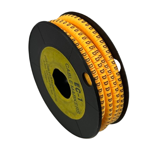 Cable Marker D -  Yellow spool of yellow D printed cable markers on black reel for wire labeling