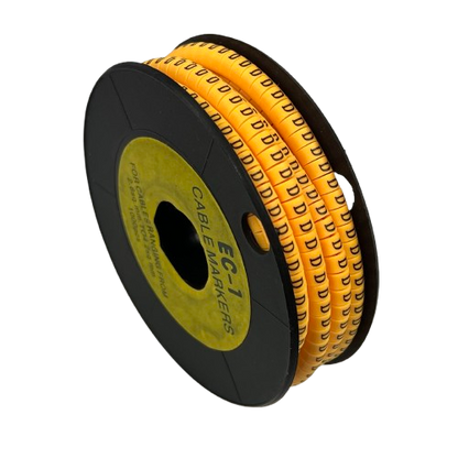 Cable Marker D -  Yellow spool of yellow D printed cable markers on black reel for wire labeling