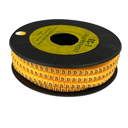 Spool of yellow adhesive cable markers showing repeated D labels for wire identification Cable Marker D -  Yellow
