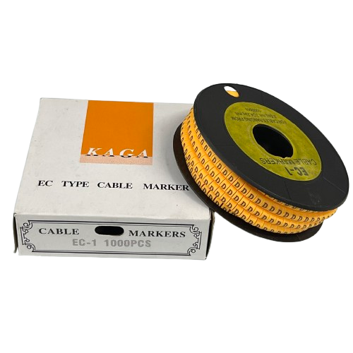 Cable Marker D -  Yellow adhesive spool on black reel with box of 1000 cable markers for wire identification