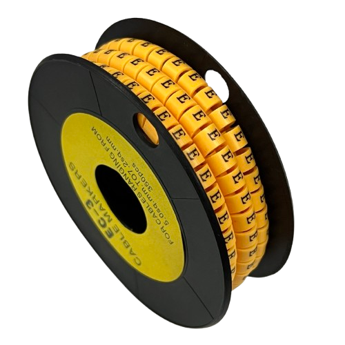 Grippes Cable Marker - E Yellow spool of adhesive wire labels on black reel for cable management