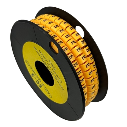 Grippes Cable Marker - E Yellow spool of adhesive wire labels on black reel for cable management