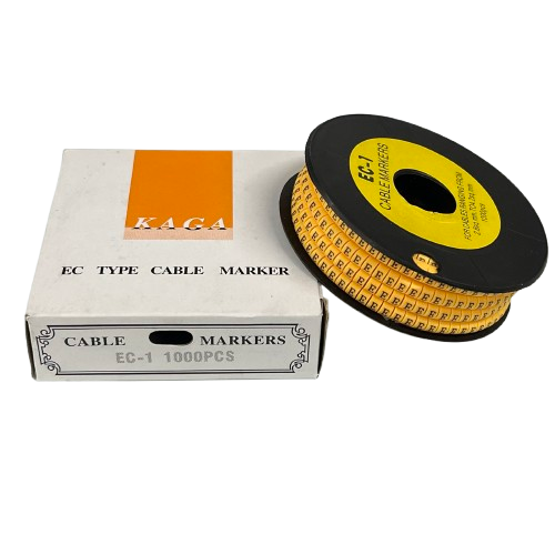 Spool and box of Cable Marker - E Yellow identification labels for cables and wiring on black background