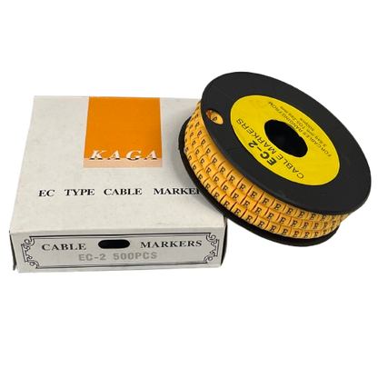 Grippes cable management spool with labeled Cable Marker E - Yellow reels for wire identification