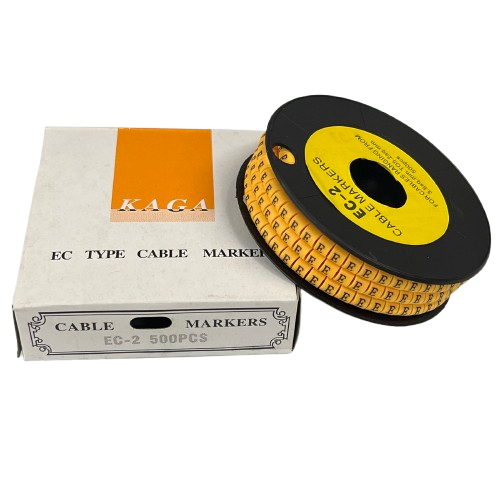 Grippes cable management spool with labeled Cable Marker E - Yellow reels for wire identification