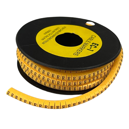 Spool of yellow adhesive cable markers with repeating E labels for tidy wire organization Cable Marker - E Yellow
