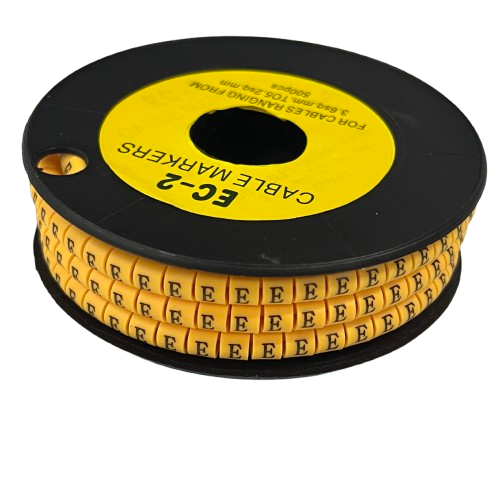 Grippes Cable Marker E - Yellow reel of adhesive cable markers with repeating black E labels for cable organization