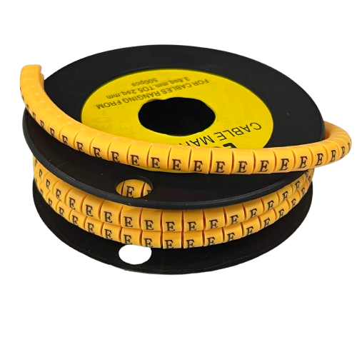 Grippes Cable Marker E - Yellow spool of flexible letter E cable identification sleeves on black reel for cable management