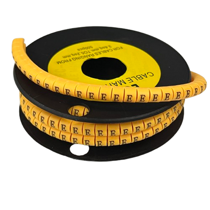 Grippes Cable Marker E - Yellow spool of flexible letter E cable identification sleeves on black reel for cable management