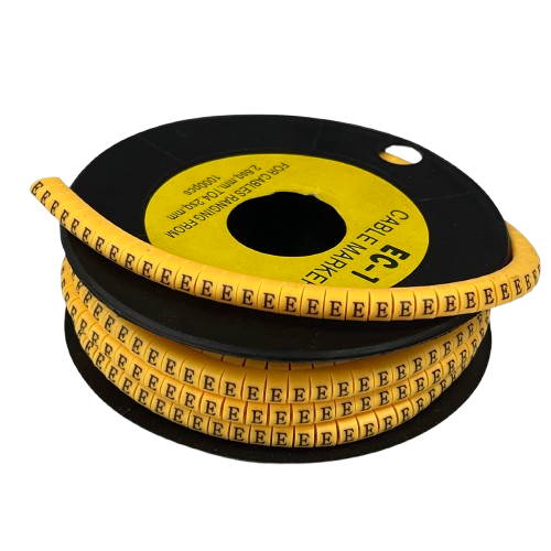 Cable Marker - E Yellow roll of adhesive cable markers on spool for wire labeling and cable management