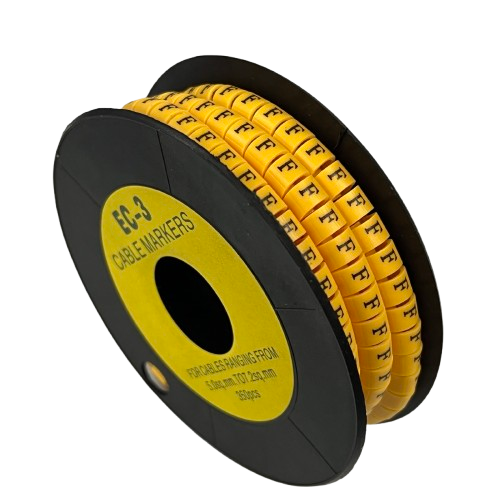 Grippes Cable Marker F- Yellow reel with rows of yellow F markers on a black spool for cable identification