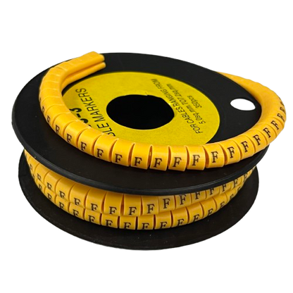 Grippes Cable Marker F- Yellow spool of flexible adhesive cable labels showing repeated F markers