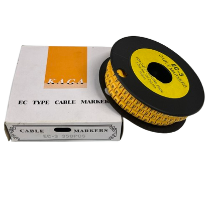 Grippes Cable Marker F- Yellow reel of printed letter cable markers on black spool with white box