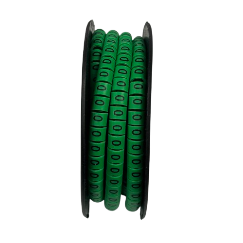 Spool of green numeric cable markers showing 0 on rings Cable Marker Green 0 for wiring organization