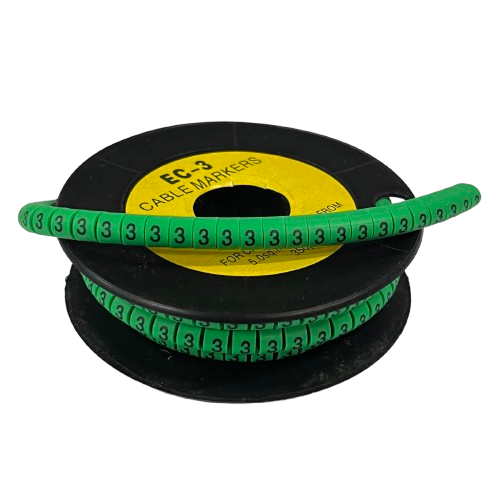 Spool of green plastic cable markers printed with number 3 for wire organization Cable Marker Green -3