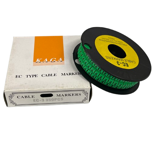 Cable Marker Green 4 spool on black reel with green numeric markers beside white KAGA box for cable management