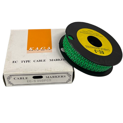 Cable Marker Green 4 spool on black reel with green numeric markers beside white KAGA box for cable management