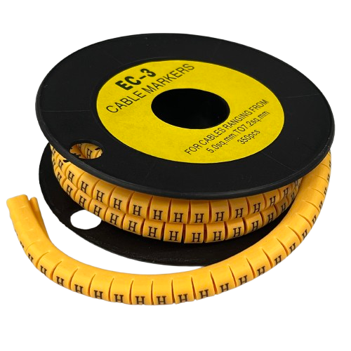 Grippes Cable Marker - H Yellow . roll of yellow H cable markers on black spool for wire labeling