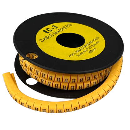 Grippes Cable Marker - H Yellow . roll of yellow H cable markers on black spool for wire labeling