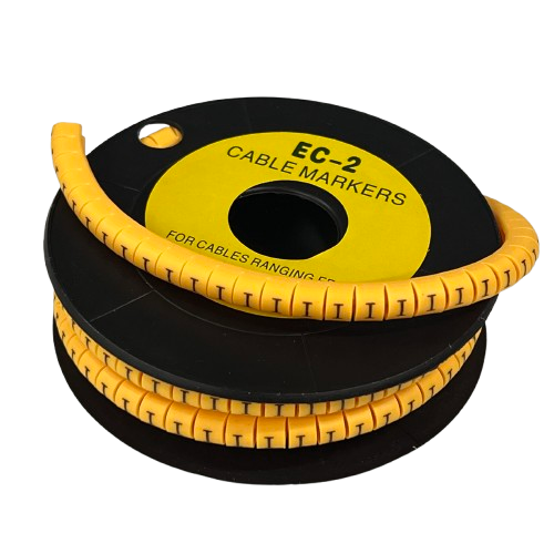 Grippes Cable Marker - I Yellow segmented spiral wrap on black spool for cable management and cable identification