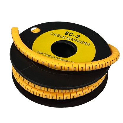 Grippes Cable Marker - I Yellow segmented spiral wrap on black spool for cable management and cable identification