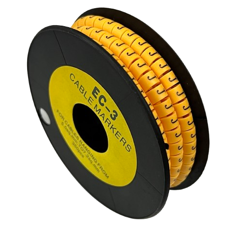 Grippes Cable Marker J - Yellow spool of snap on cable markers on black reel for cable management