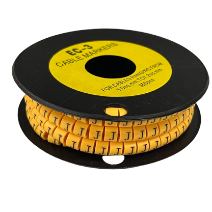 Grippes Cable Marker J - Yellow spool of J letter cable markers on black reel for wire identification and organization