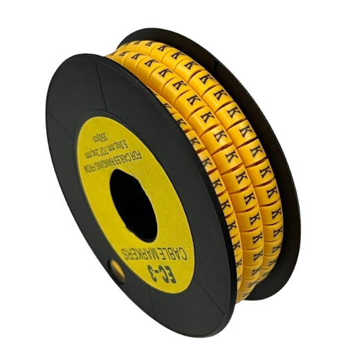 Grippes spool of Cable Marker K - Yellow adhesive cable ID markers with black K printing for wiring organization