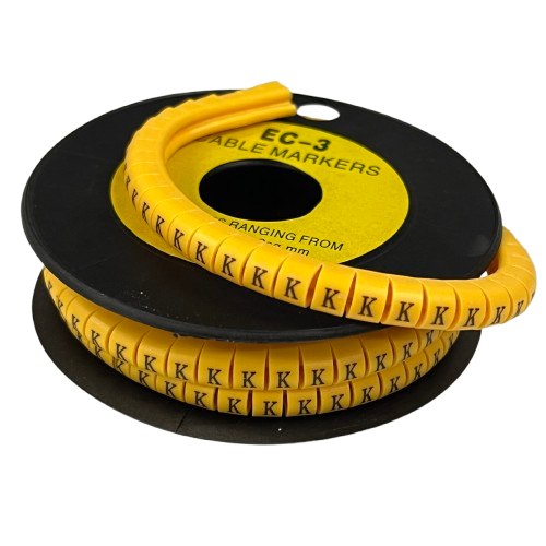 Grippes Cable Marker K - Yellow spool of flexible cable markers showing repeated K labels for wiring identification