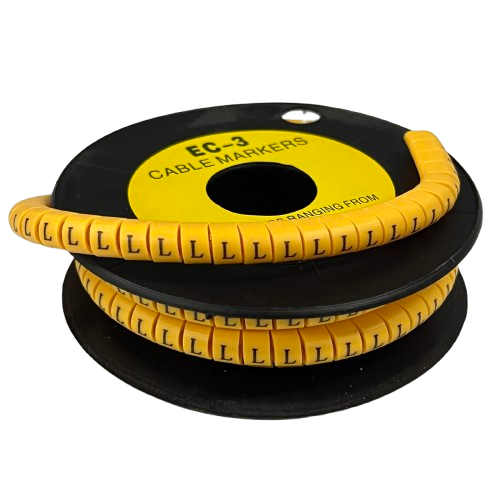 Grippes Cable Marker L - Yellow spool of segmented plastic cable markers printed with letter L for cable management
