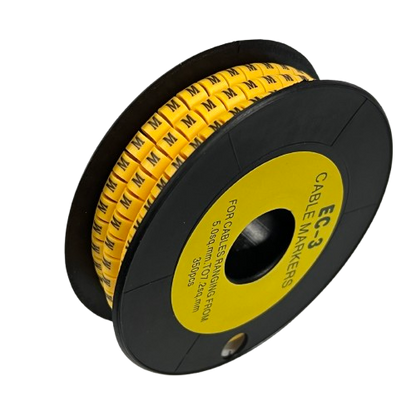 Grippes Cable Marker M - Yellow spool of labeled cable markers on a black reel for wire identification