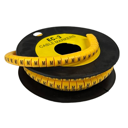 Grippes Cable Marker M - Yellow spool of flexible cable markers with repeated M labels for wire identification