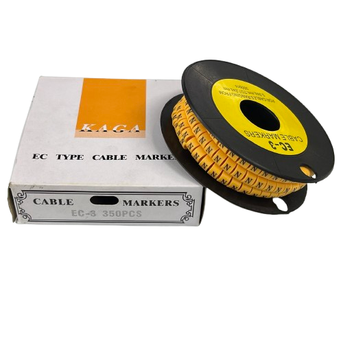 Grippes Cable Marker - N Yellow reel showing multiple printed N markers on spool beside white box