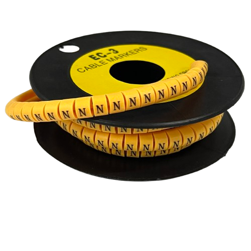 Grippes Cable Marker - N Yellow spiral wire markers on a black spool with repeated N labels for cable identification