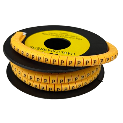 Grippes Cable Marker P - Yellow spool of yellow cable markers with repeated P labels for wire identification and organization