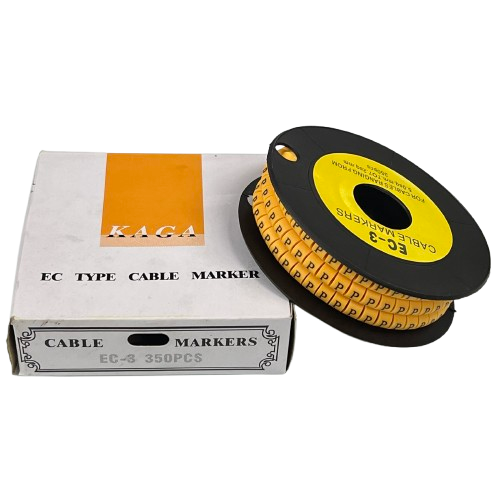 Grippes Cable Marker P - Yellow reel of EC type cable markers with printed P letters and storage box