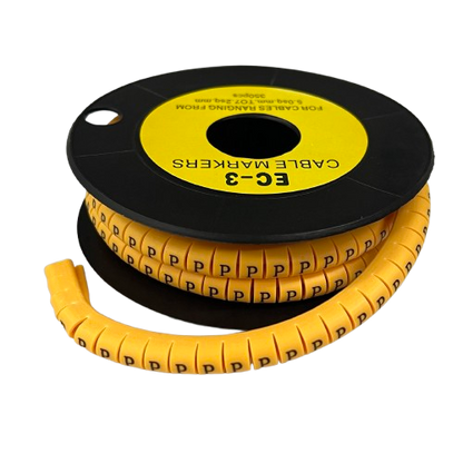 Grippes Cable Marker P - Yellow spool of wraparound cable markers with repeated P letters for cable management