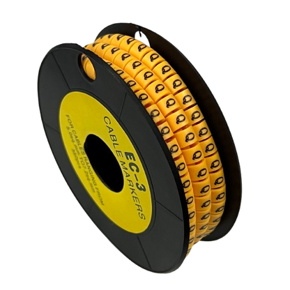 Grippes spool of Cable Marker Q - Yellow rings on black reel showing printed Q symbols for cable identification