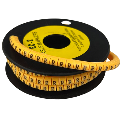 Grippes Cable Marker R - Yellow spool of flexible cable markers with repeated R labels for wire identification