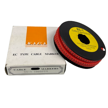 Grippes cable management spool with EC type red markers beside labeled box showing quantity Cable Marker Red 3