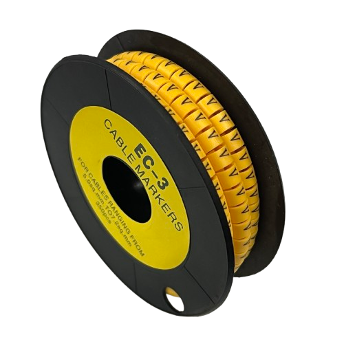 Grippes spool of yellow cable markers on black reel Cable Marker V - Yellow for wire identification