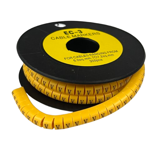 Grippes Cable Marker V - Yellow flexible spiral cable markers on spool with repeating V labels for wire ID