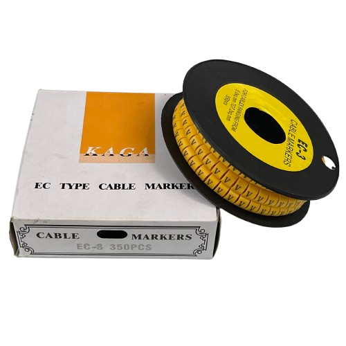 Grippes Cable Marker V - Yellow spool of EC type cable markers on black reel with white box packaging